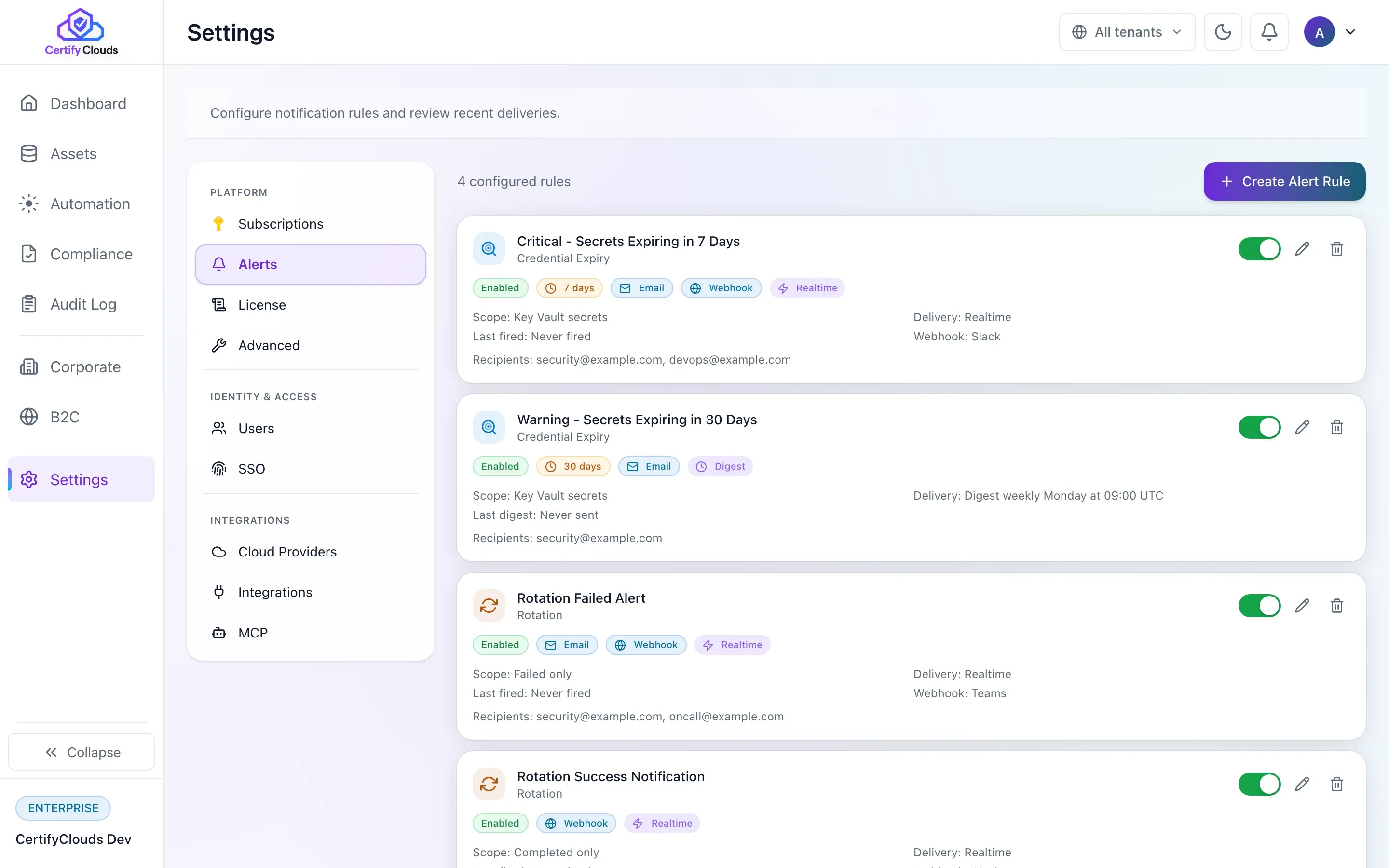 CertifyClouds Alert Rules -expiry thresholds, webhook integrations