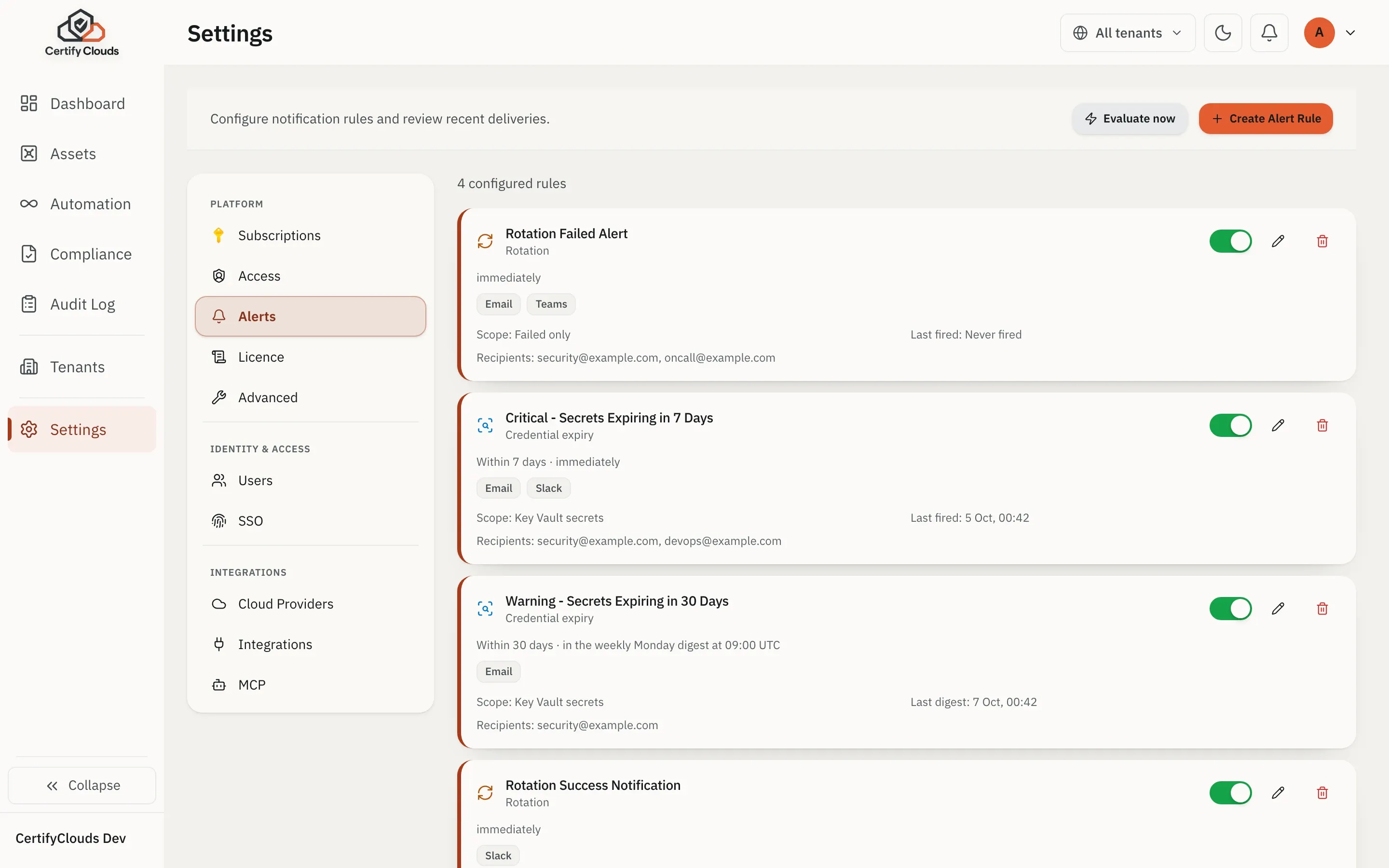 CertifyClouds alert rules: expiry thresholds and webhook integrations