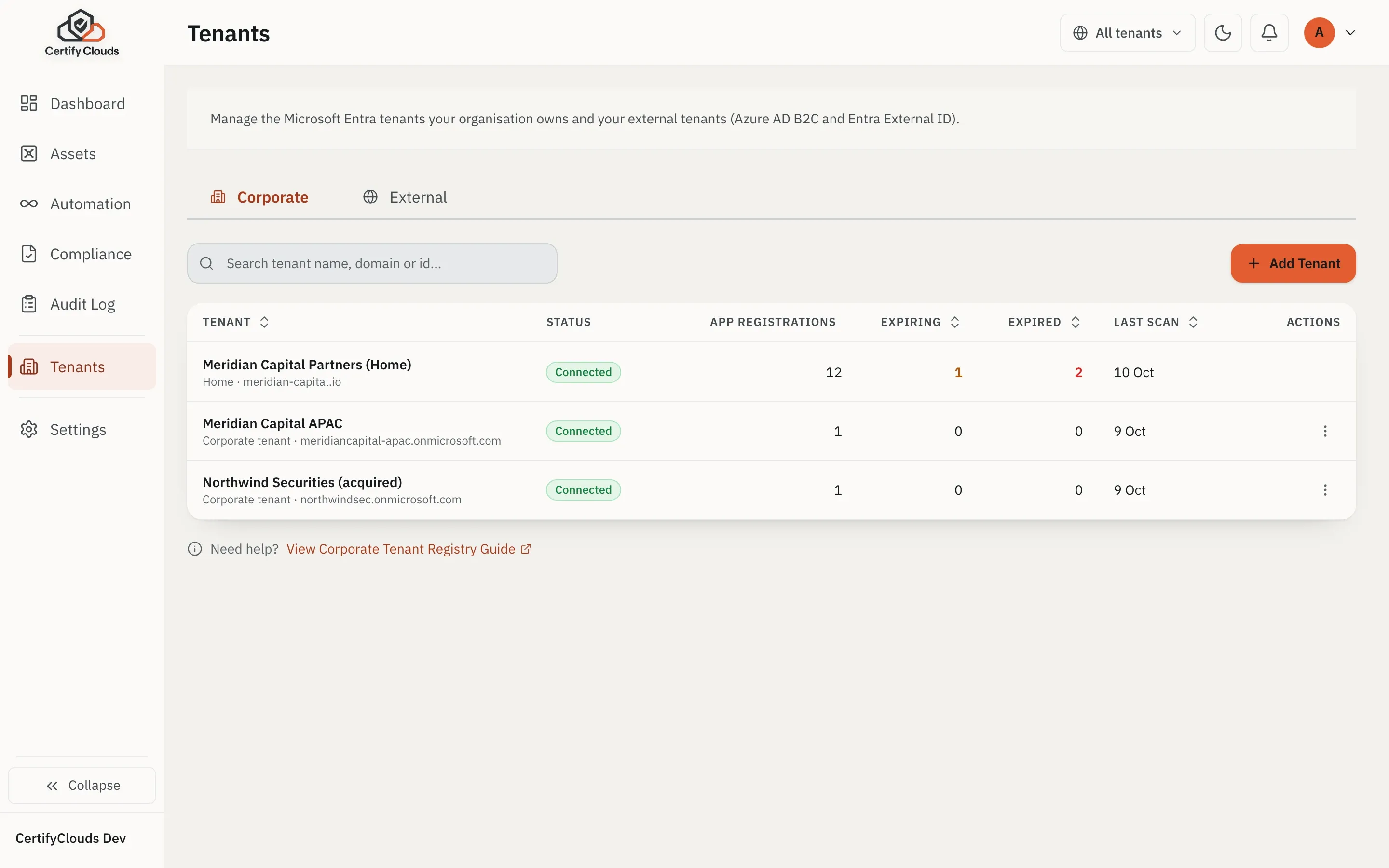 Tenants page: cross-tenant inventory with per-tenant connection health