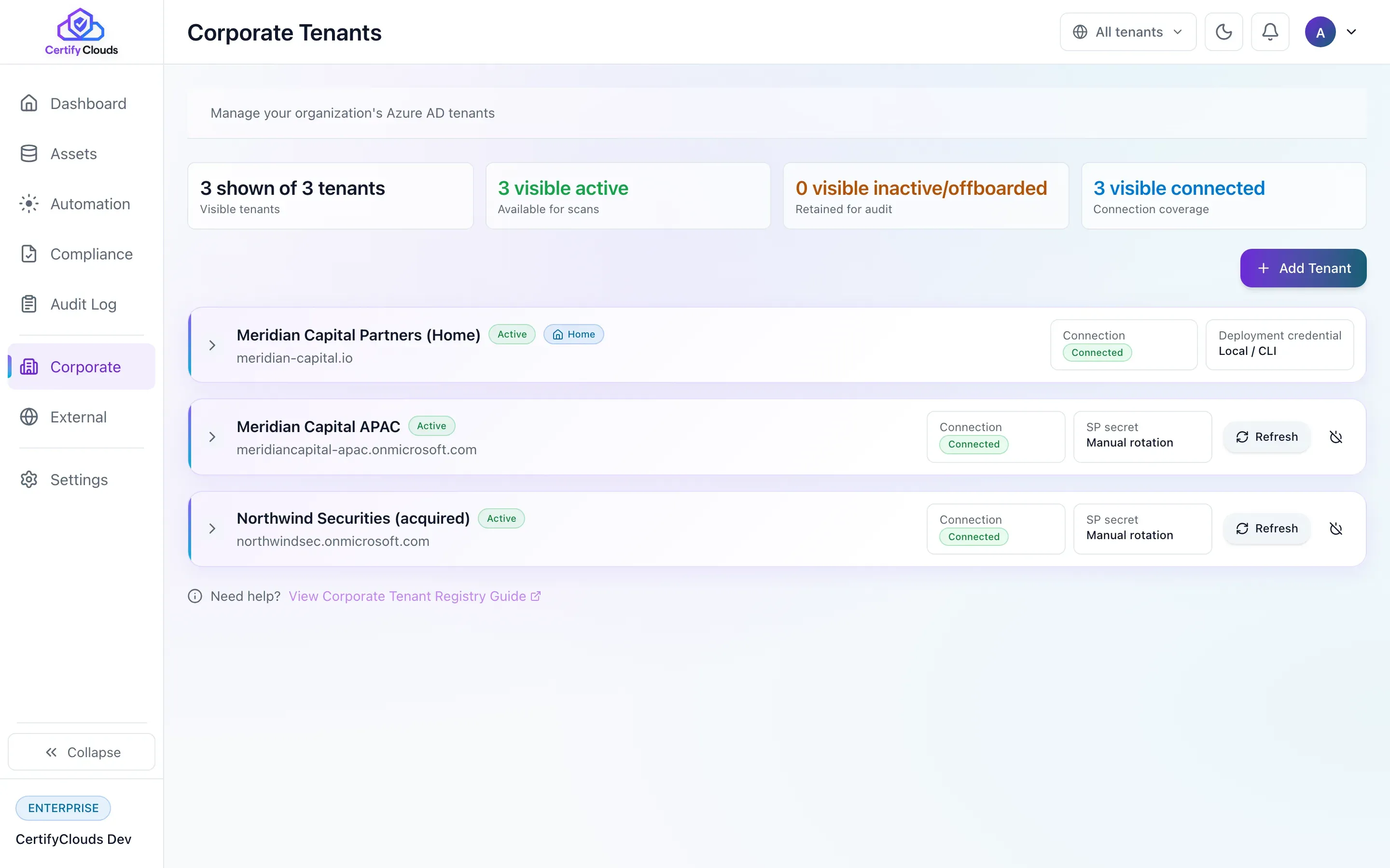 Corporate Tenants registry -cross-tenant inventory with per-tenant connection health